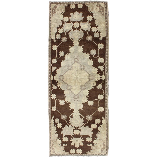 Vintage Turkish Oushak Runner With Dark Mocha Field and Soft Beige Design 2′10″ × 7′5″ For Sale