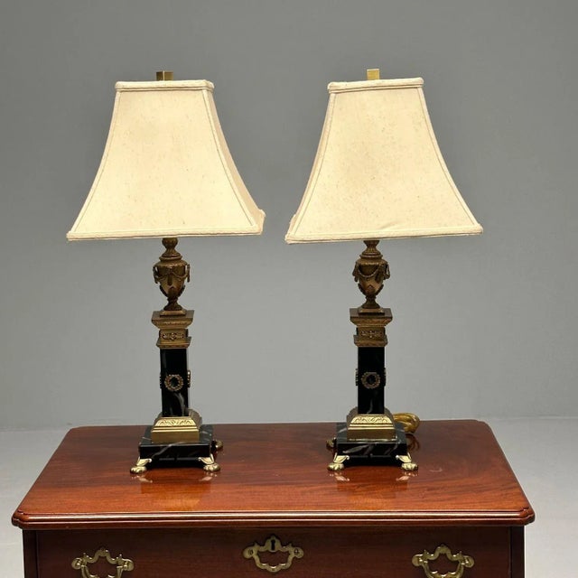 Pair of Hollywood Regency Bronze and Marble Table Lamps, Corinthian Column Form For Sale In New York - Image 6 of 12