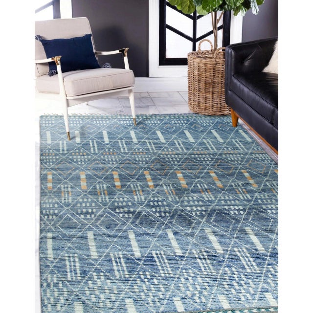Contemporary 6x9 Modern Light Blue Geometric Moroccan Handknotted Wool Berbet Carpet Rug For Sale - Image 3 of 6
