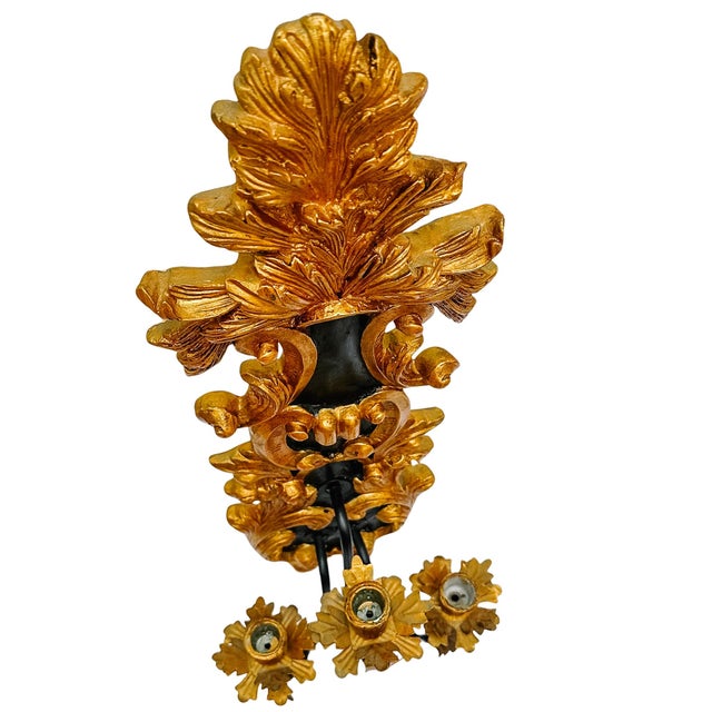 Large Vintage Italian Neoclassical Style Giltwood & Tole 3-Arm Wall Sconce Candelabra For Sale - Image 10 of 16