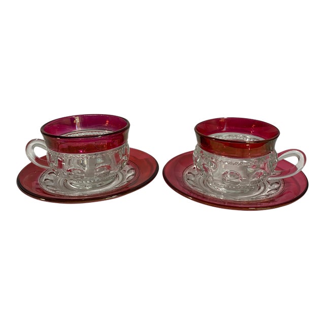 Tiffin-Franciscan King's Crown Pattern Cups and Saucers With a Ruby/Cranberry Flashed Rim - Setting for 2 For Sale