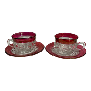 Tiffin-Franciscan King's Crown Pattern Cups and Saucers With a Ruby/Cranberry Flashed Rim - Setting for 2