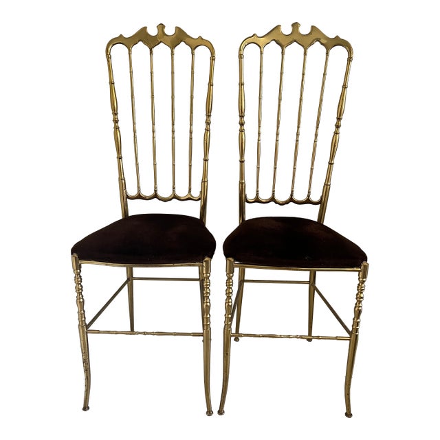 Pair of Vintage Italian Brass Chiavari High-Back Opera Chairs, 1960s — Palm Beach Estate For Sale