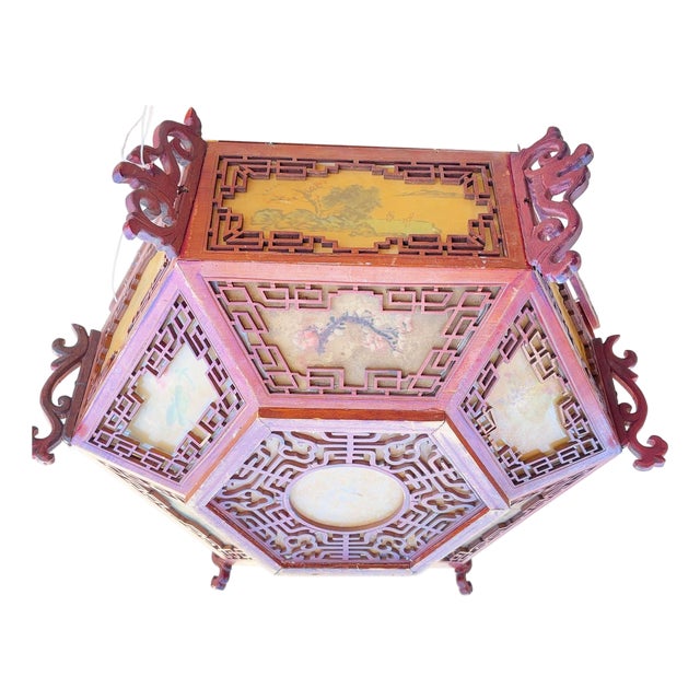 1950s Mid-Century Carved Chinese Rosewood Painted Lantern Hanging Chandelier Lamp For Sale