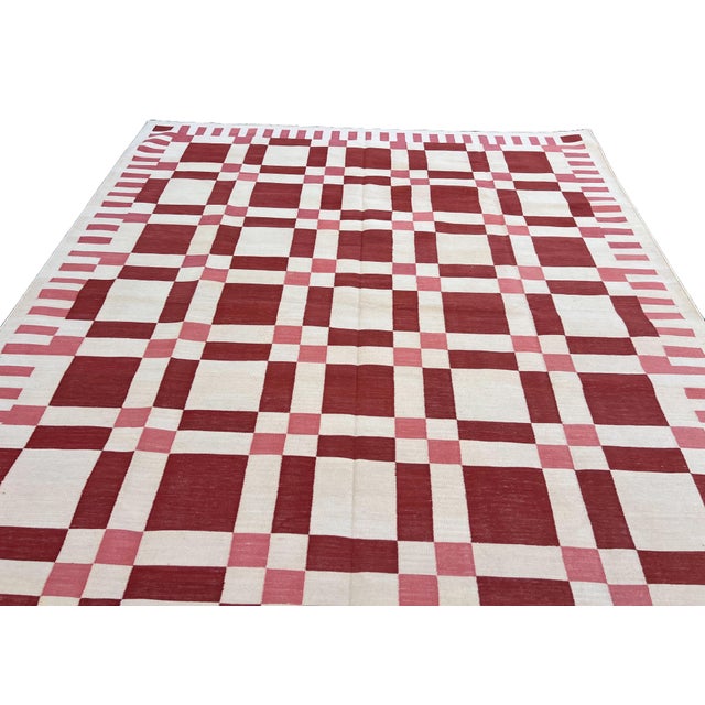 Cream Handwoven Cotton Area Rug, Natural Vegetable Dyed, Cream and Red Geometric Dhurrie - 6'x9' For Sale - Image 8 of 11