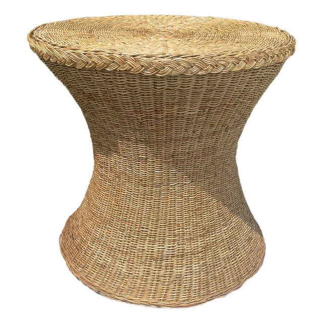 Vintage Rattan Wicker Dining Table, Coastal Style Braided Trim For Sale
