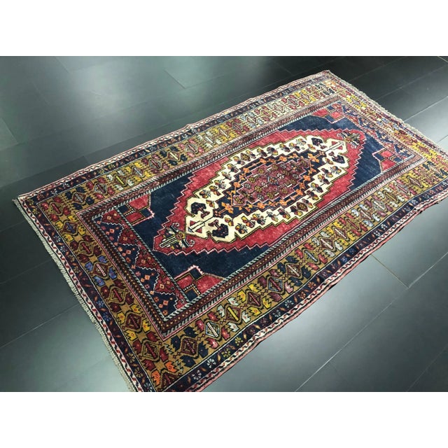 1960s Vintage Ethnic Medallion Design Turkish Red and Blue Rug For Sale - Image 5 of 11