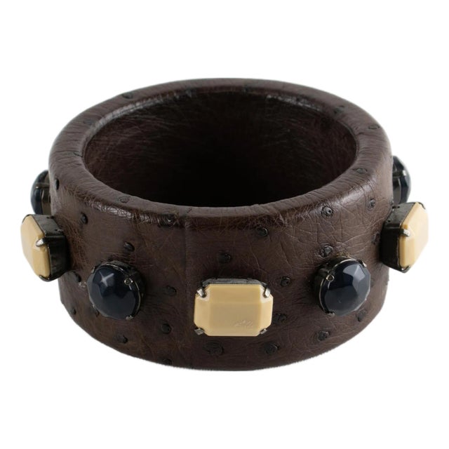Prada Cocoa Brown Ostrich Leather Jeweled Bangle Bracelet For Sale
