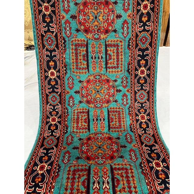 Turquoise Floral Geometric Tribal Wool Runner, 2'9" X 6'7" For Sale - Image 10 of 13