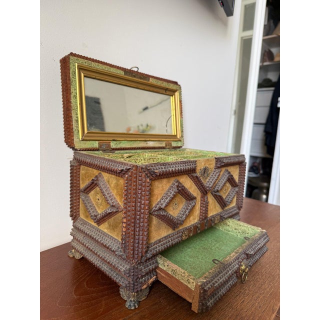 Late 19th Century Antique Tramp Art Jewelry Box 1898, Hand Carved Wooden Chest With Mirror, Folk Art Keepsake Box, Victorian Trinket Box, Lion Pull For Sale - Image 5 of 14