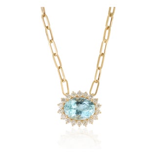 Authentic 10.32ct Aquamarine 1.95ct Diamond Halo Pendant Necklace in 14k Yellow Gold For Sale
