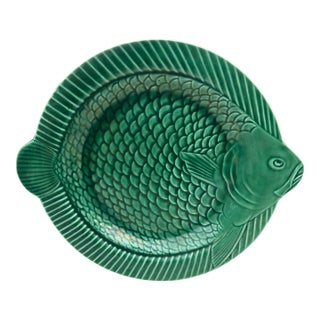 Green Majolica Fish Plate Sarreguemines Circa 1950 For Sale
