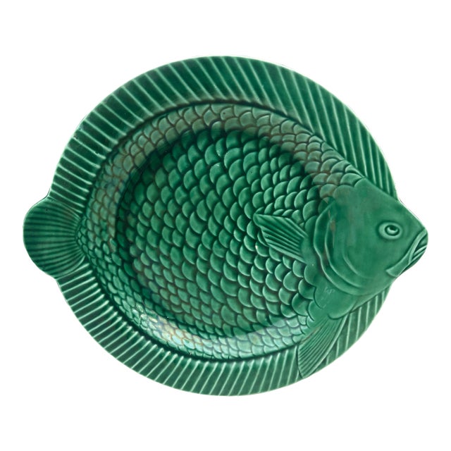 Green Majolica Fish Plate Sarreguemines Circa 1950 For Sale