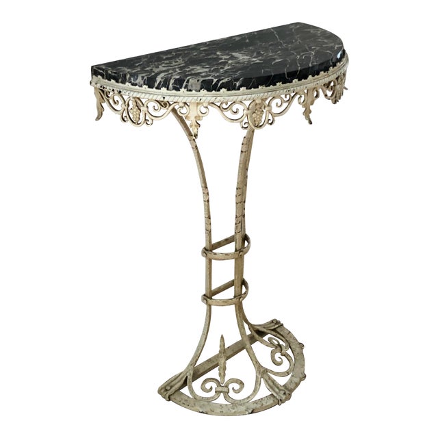 Antique Art Deco Painted Wrought Iron Marble Top Demilune Console Table