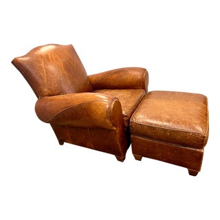 Vintage French Leather Cigar Club Chair and Ottoman For Sale
