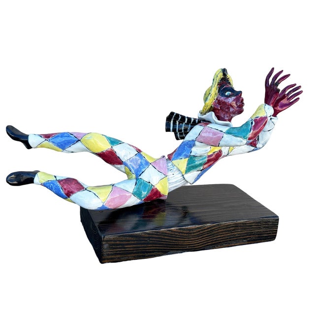 This vintage mid-century modern Italian polychrome-glazed ceramic sculpture by Otello Rosa for San Polo (Venezia),...