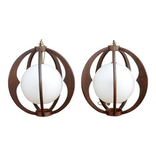 Sculptural Danish Modern Walnut & Frosted Glass Globe Pendants - a Pair For Sale