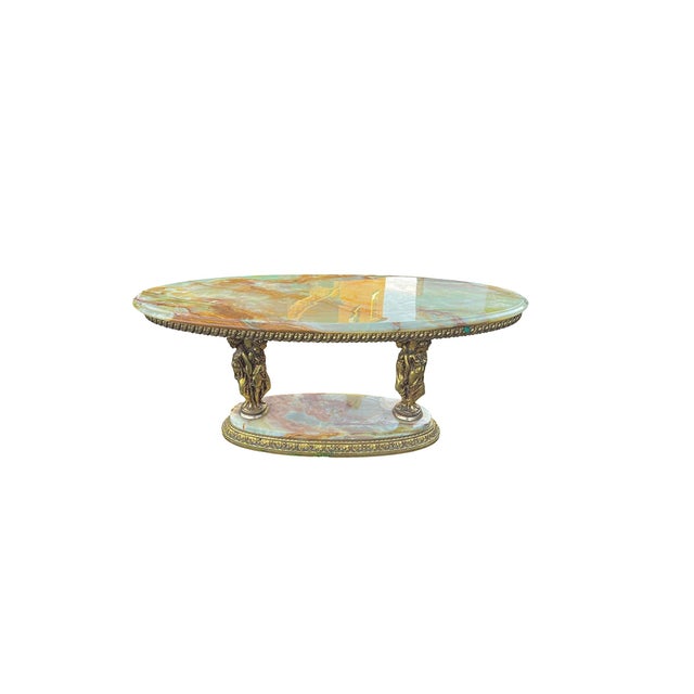 Goldenrod Oval Brass and Onyx Marble Console Coffee Table with Greek Nymphs, 1960s For Sale - Image 8 of 8