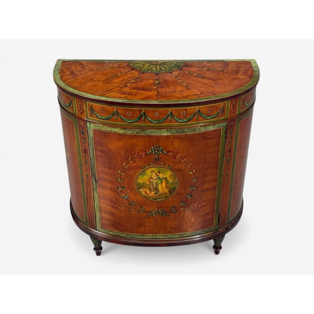 Traditional Edwardian, Adams Paint Decorated Demilune Cabinet, Inlaid Wood, 19th C. For Sale - Image 3 of 14