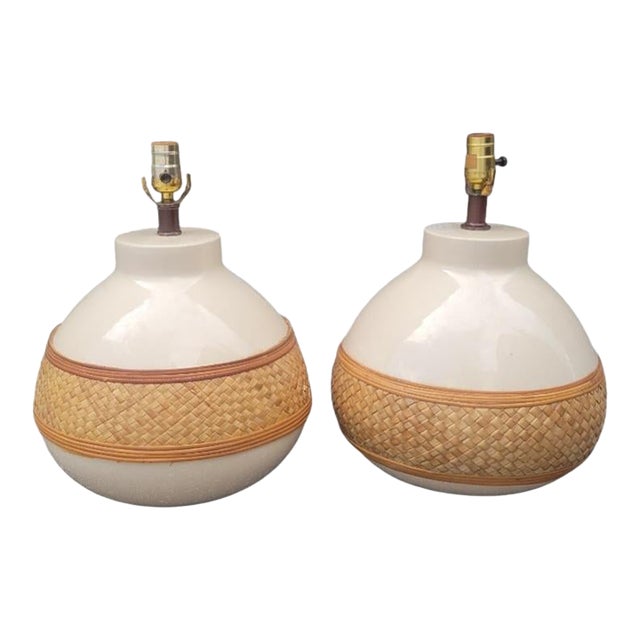 Vintage Rattan Wrapped Off White Round Boho Ceramic Table Lamps- A Pair For Sale
