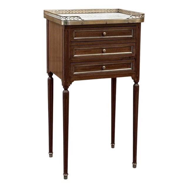 Antique French Louis XVI Mahogany Bedside Table With Carrara Marble and Brass Gallery For Sale