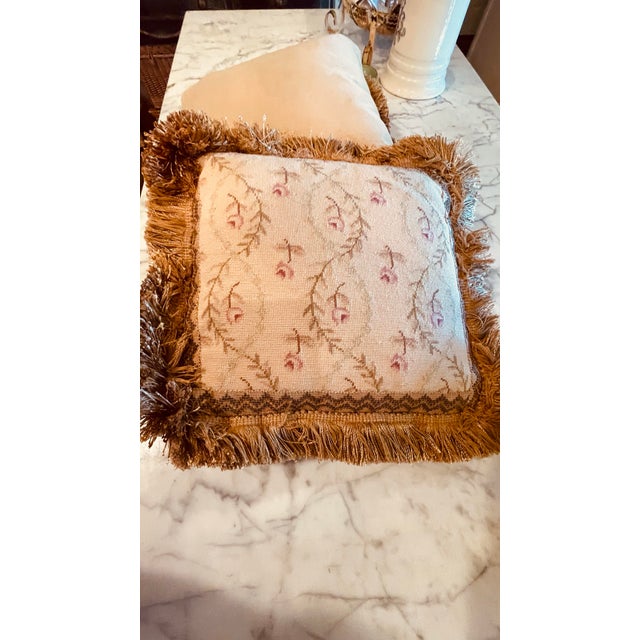 Vintage Pair of Vintage Needlepoints Pillows With a Decorative Fringe With Velvet Backing. For Sale - Image 4 of 4