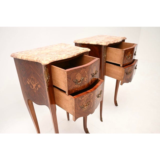 Antique French Inlaid Marble Top Bedside Chests, 1900, Set of 2 For Sale - Image 6 of 11