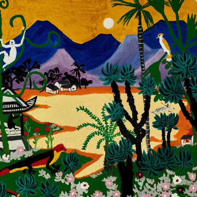 Vintage Tropical Naive Painting With Palm Trees and Monkeys by Sylvia Bucchi For Sale - Image 4 of 9