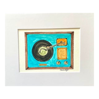 Vintage Record Turntable Watercolor Painting by Sandra Wright For Sale
