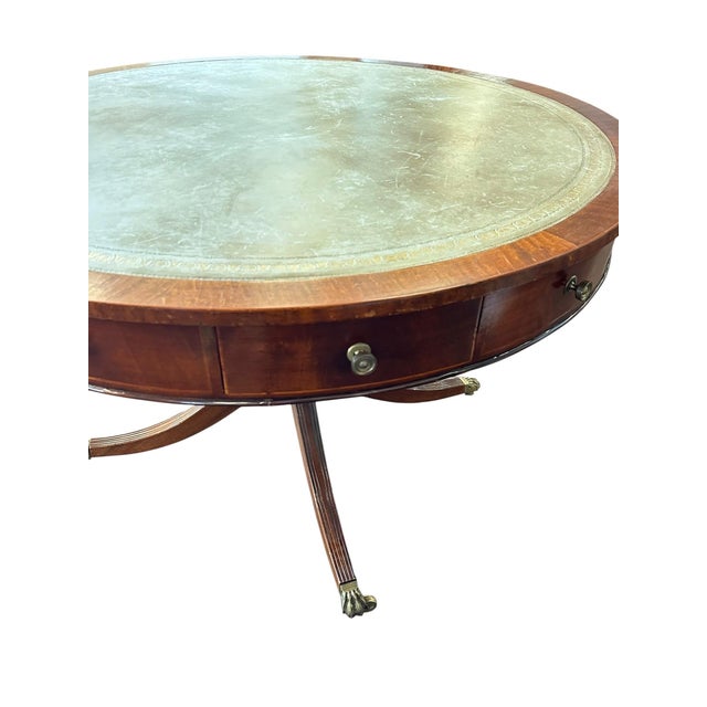 English Georgian Revival Mahogany 48.25" Drum Table With Green Tooled Leather Top, Circa 1900 For Sale - Image 15 of 18