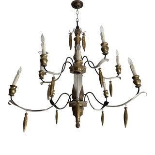 Iron and Wood Bead Chandlier With Gilt and Antique White Finish For Sale