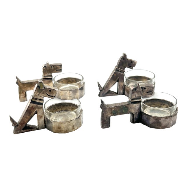 1930s 4 Ric & Rac Art Deco Dogs Salt Cellars Gallia for Christofle With Baccarat Crystal Inserts For Sale