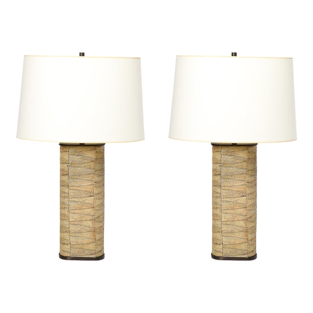 Pair of Mid-Century Tessellated Lizard & Bronze Table Lamps by Karl Springer For Sale