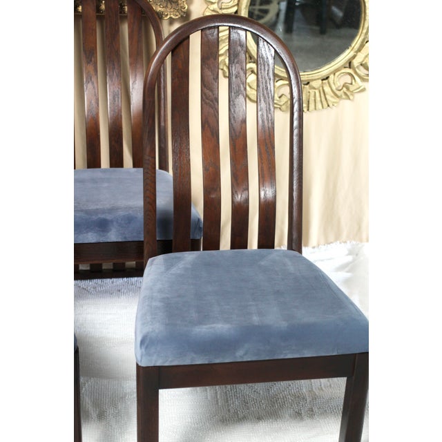 Set of 4 Oak Arched Dining Chairs With Blue Velvet Upholstered Seats For Sale - Image 11 of 16