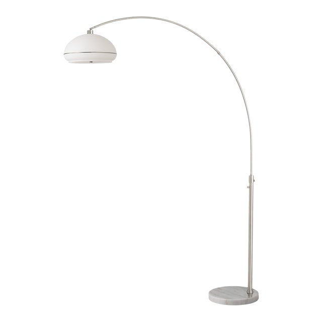 1960s 92" Adjustable Morelli Floor Lamp- Mid Century Modern, Oval Lucite Shade, Satin Nickel Finish, Dimmable, White Marble Base For Sale