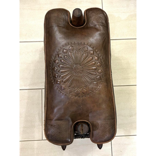 Mid-20th Century, Egyptian, Wooden Camel Saddle/Stool, With a Hand/Tooled, Embossed, Leather Cushion, and Brass Feet and Stud Ornamentation, 1950 For Sale - Image 4 of 10