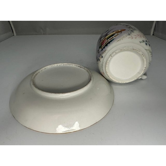 Ceramic Antique Hand Painted Forget Me Not Doves Cup and Saucer c. 1900 For Sale - Image 7 of 9