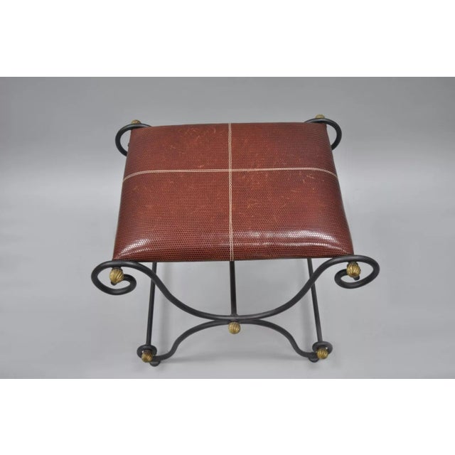 Spanish Regency Style Iron X-Base Curule Bench Stool With Red Woven Leather Seat For Sale - Image 4 of 10