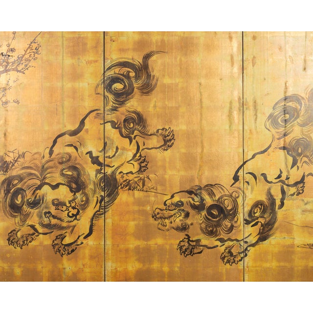 Brass Mid 20th Century Japanese Showa Four Panel Screen Pair of Karashishi Foo Dogs For Sale - Image 8 of 18