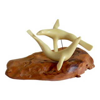 Vintage Mid-Century Modern John Perry Style Pellucida Seals on Burlwood Sculpture For Sale