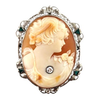 Mid 20th Century 14 Karat White Gold Diamond & Green Stone Cameo Brooch/Pendant For Sale