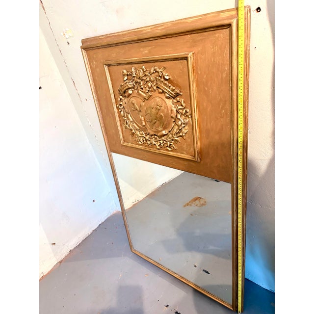 Vintage French Louis XVI Style Giltwood Trumeau Mirror With Heraldic Crest For Sale - Image 11 of 12