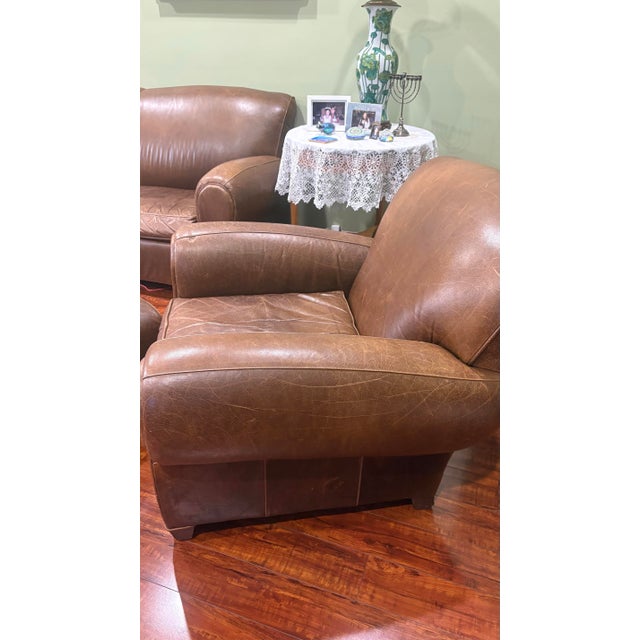Rustic Mitchell Gold 1930s Style Leather Manhattan Club Chair and Ottoman For Sale - Image 3 of 11