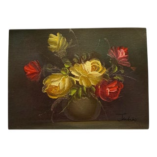 Vintage Floral Oil Painting Original Signed Rose Still Life Small Canvas 1960s For Sale