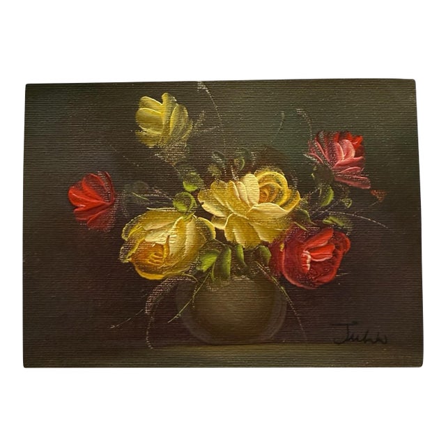 Vintage Floral Oil Painting Original Signed Rose Still Life Small Canvas 1960s For Sale