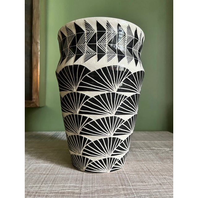 2010s 2018 Decorative Carved Glaze Black and White Large Vase For Sale - Image 5 of 5