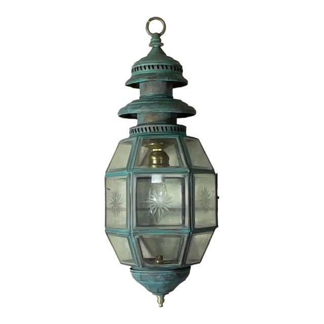 Antique English Solid Brass & Glass Starburst Hanging Lantern - Pendant For Sale