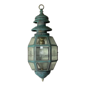 Antique English Solid Brass & Glass Starburst Hanging Lantern - Pendant