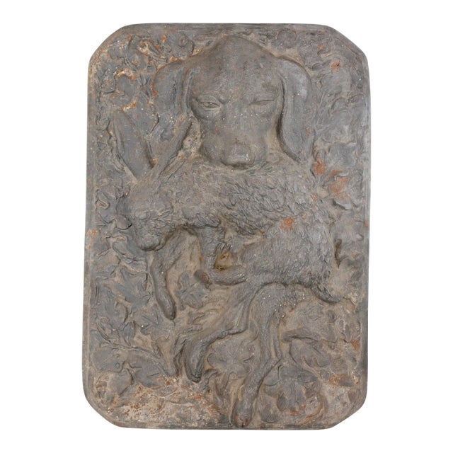 Antique French Cast Iron Hunting Plaque — Spaniel With Hare, High Relief, 19th Century For Sale