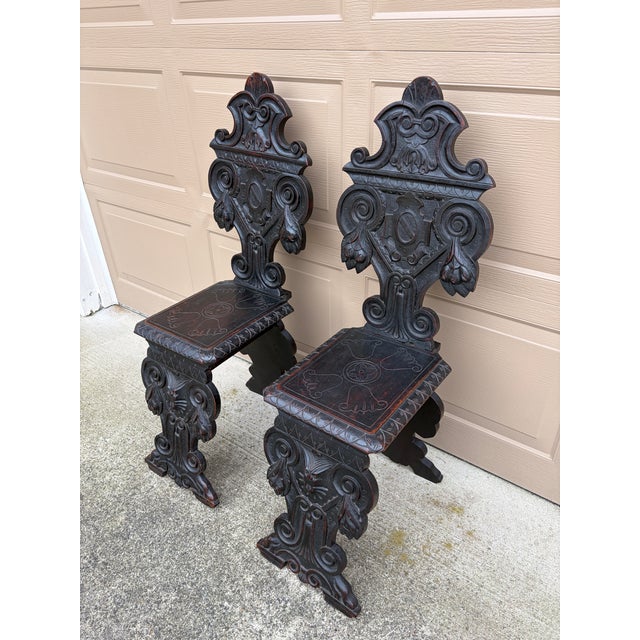 Renaissance Antique 19th Century Italian Renaissance Carved Walnut Hall Chairs, Pair For Sale - Image 3 of 14